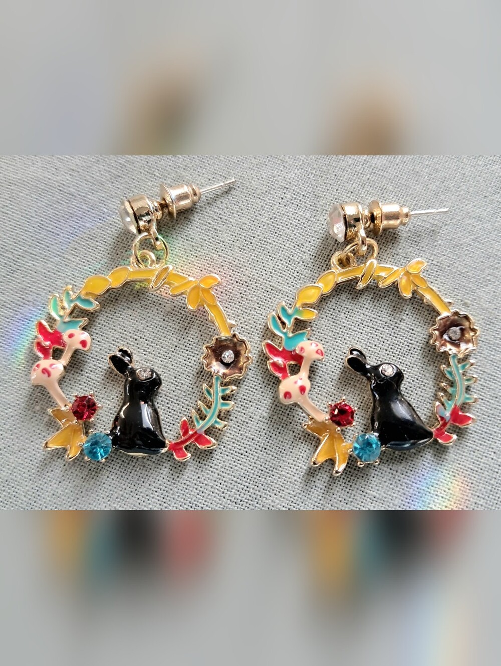 Bunny Rabbit Gold Tone Enamel Crystal Dangle Drop Hoop Earrings